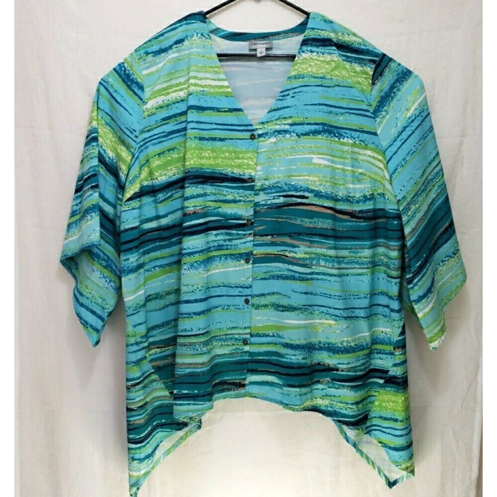Catherines Button Up Top Women Size 4X Blue Green Striped Vacation